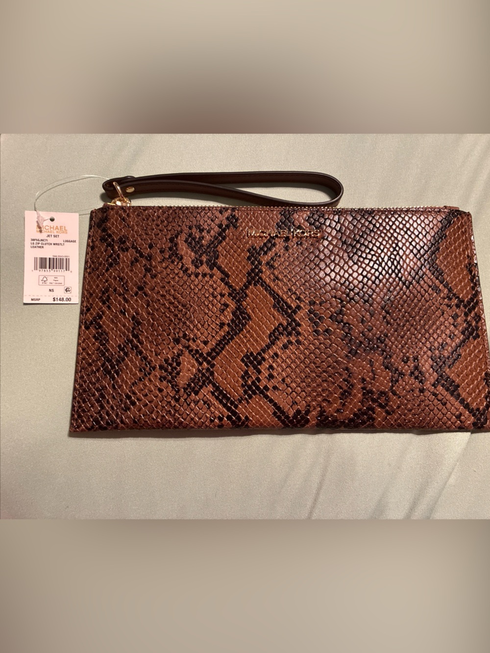 Michael Kors Brown Snake-Print Wristlet Clutch with Gold Hardware